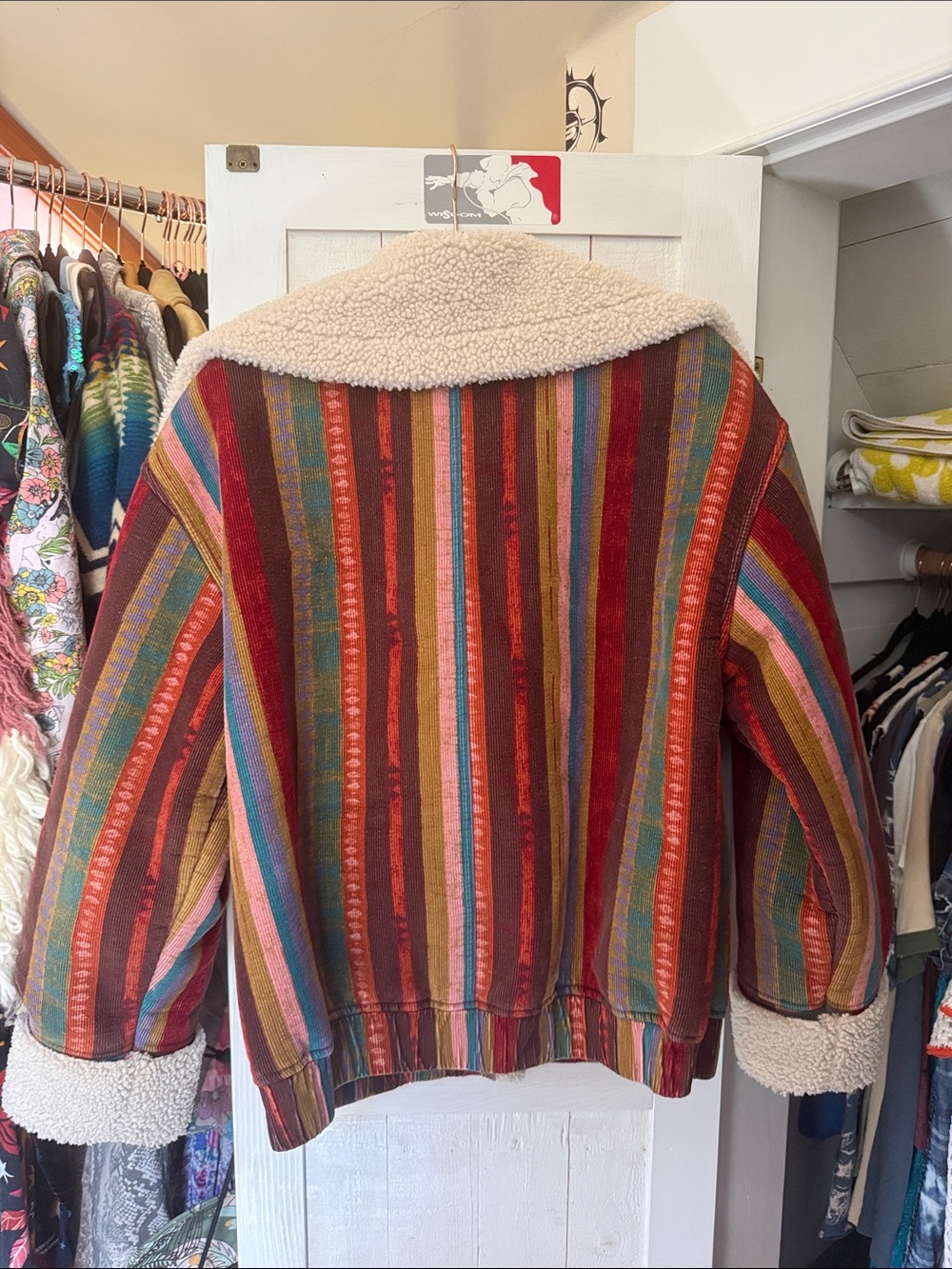 Free People Multicolor Striped Teddy Jacket with Cream Sherpa Collar - Picture 3 of 6